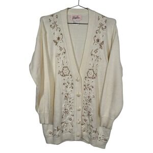 Vintage 80s Jaclyn Smith Cream Golden Girls Embroidered Cardigan Sweater Large‎